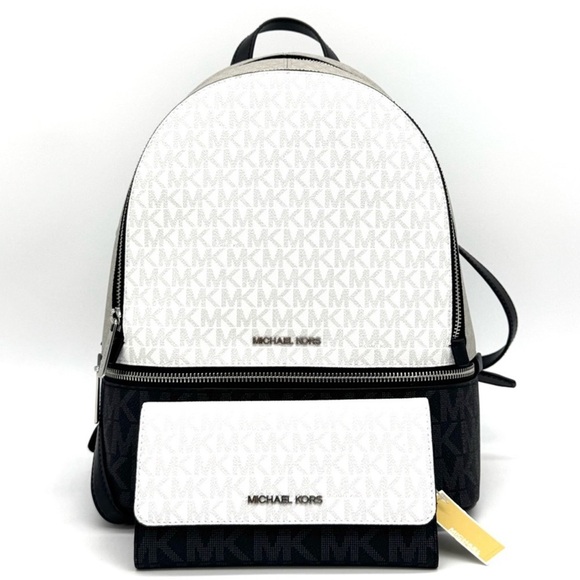 Michael Kors Rhea Medium Zip Backpack & Large Trifold Wallet Optic White Multi - Picture 2 of 13